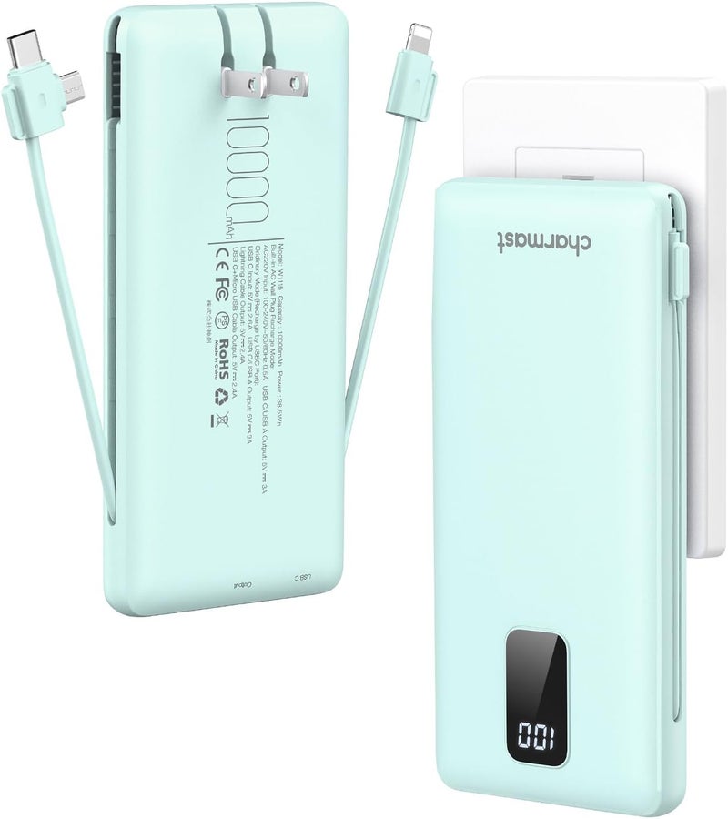 Charmast Portable Charger with Built-in Cables and Plug, 10000mAh USB C Power Bank Fast Charging, External Battery Pack Slim, Travel Essentials Compatible with iPhones, Samsung Galaxy, iPad - Image 1